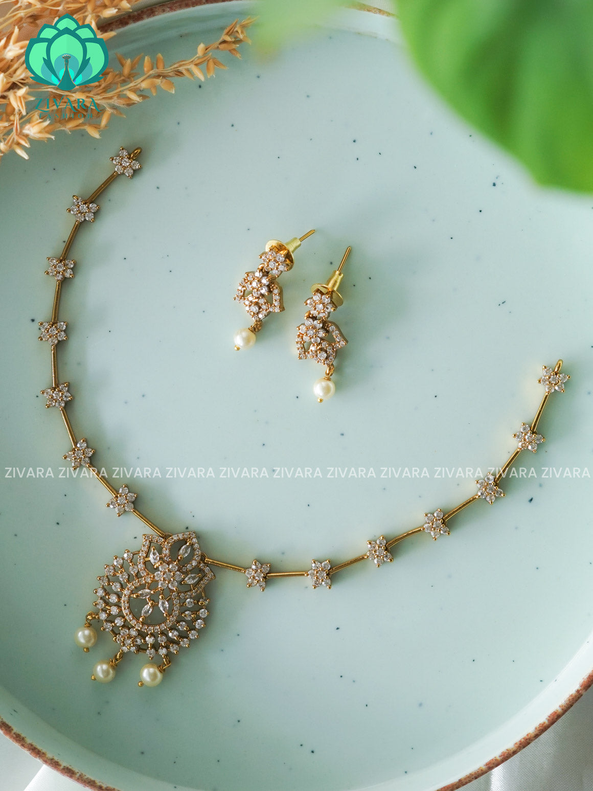 White stone star  - stylish and minimal elegant neckwear with earrings- Zivara FashION