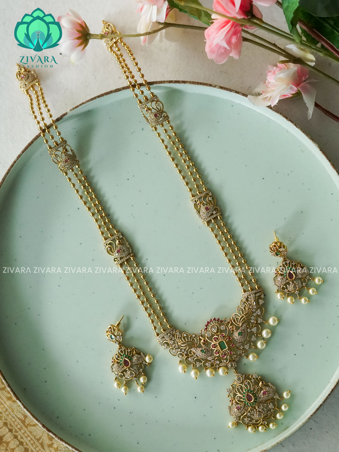 PEACOCK PENDANT BALL CHAIN - Traditional PREMIUM MATTE polish MIDCHEST haaram/neckwear with earrings- Zivara Fashion