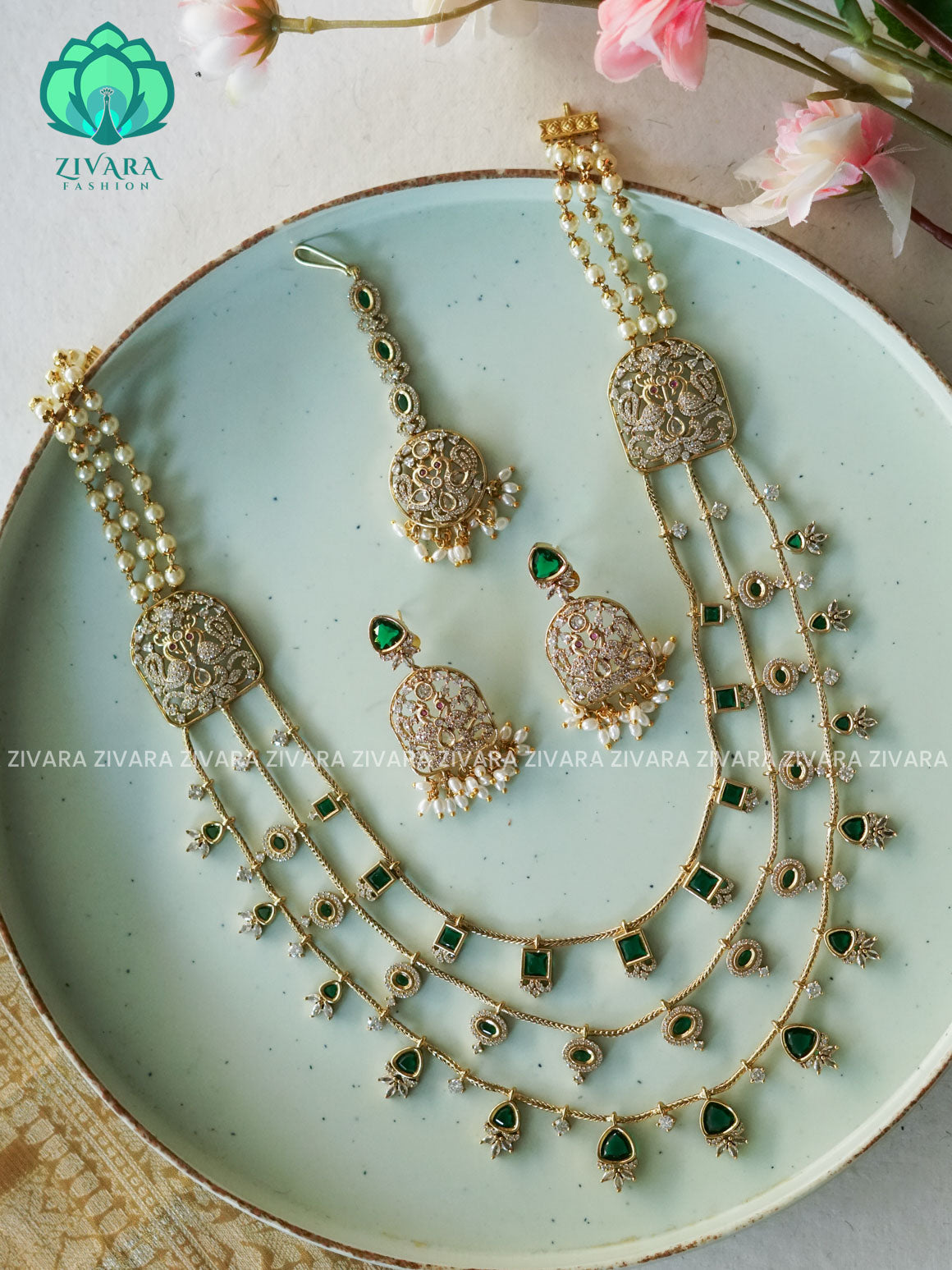 PREMIUM SUBTLE GOLD GREEN STONE LAYER HAARAM- Traditional PREMIUM MATTE polish MIDCHEST haaram/neckwear with earrings- Zivara Fashion (Copy)