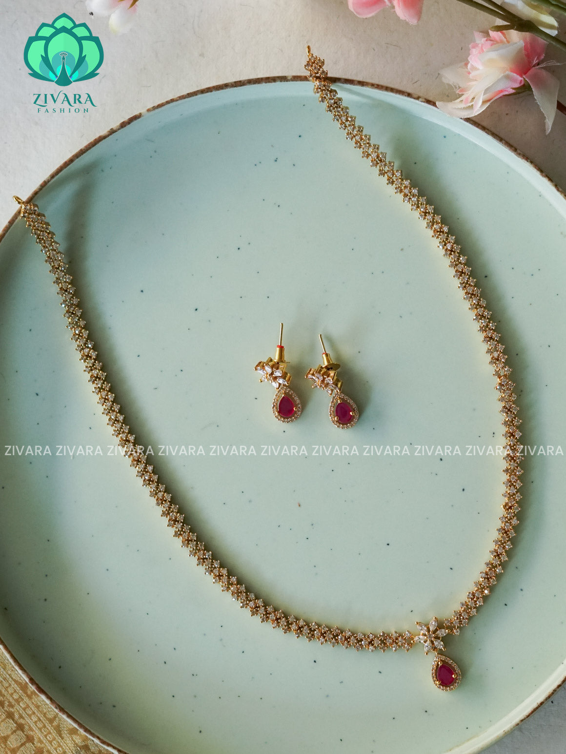 Ruby STONE  ELEGANT  - Traditional PREMIUM MATTE polish MIDCHEST haaram/neckwear with earrings- Zivara Fashion