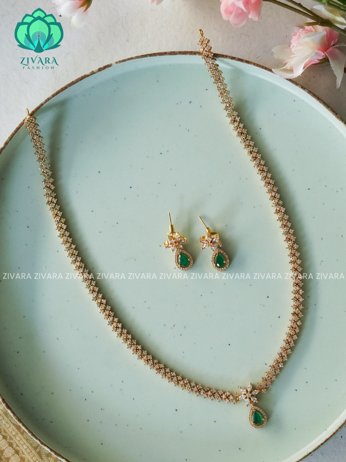 Green STONE  ELEGANT  - Traditional PREMIUM MATTE polish MIDCHEST haaram/neckwear with earrings- Zivara Fashion