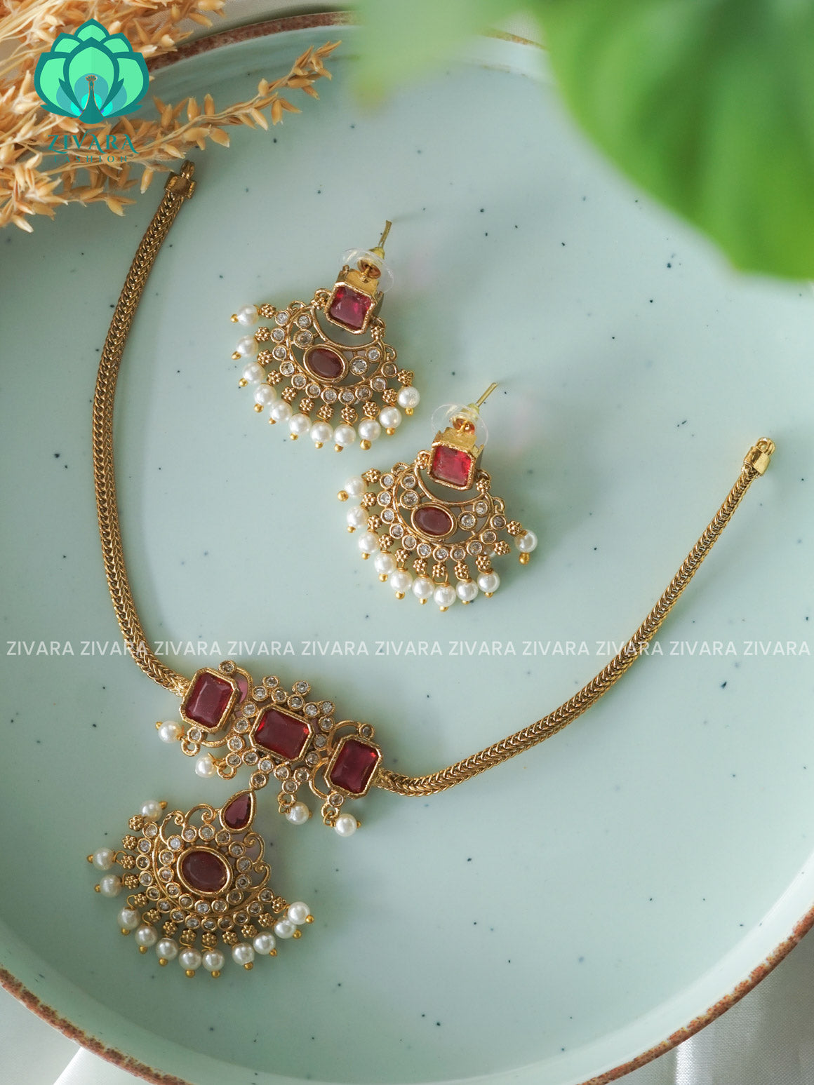 RUBY - SMALL PENDANT Flexible chain and STONE  pendant -Traditional south indian premium neckwear with earrings- Zivara Fashion- latest jewellery design