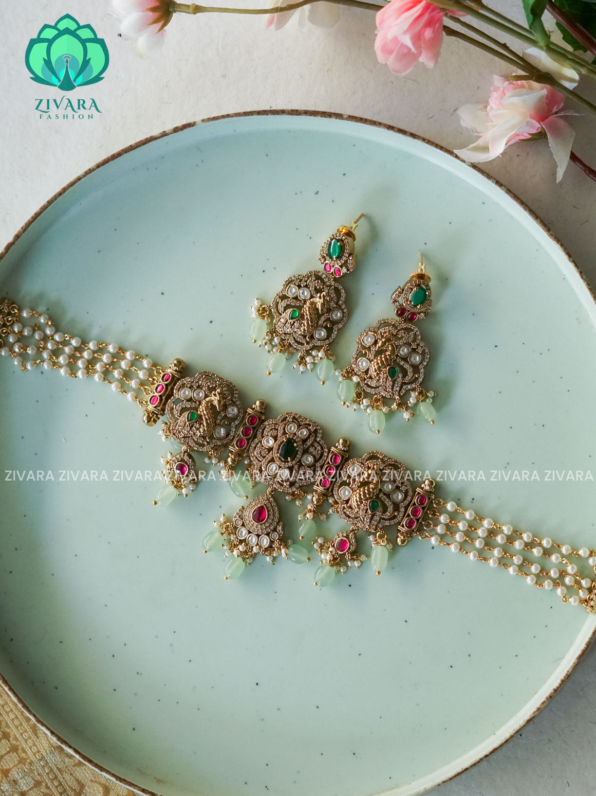 GREEN BEADS JADAU BRIDAL PEARL CHOKER.-TRADITIONAL CHOKER COLLECTION WITH EARRINGS- LATEST JEWELLERY COLLECTION