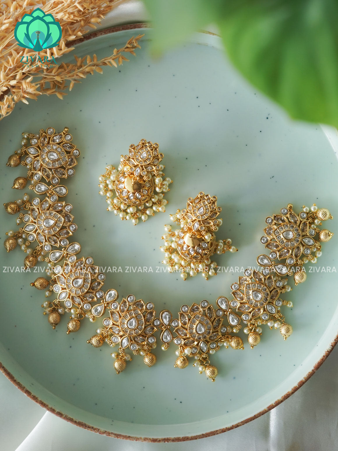 WHITE KUNDAN STONE LOTUS NECK WEAR WITh EARRINGS   - Premium quality CZ Matte collection-south indian jewellery