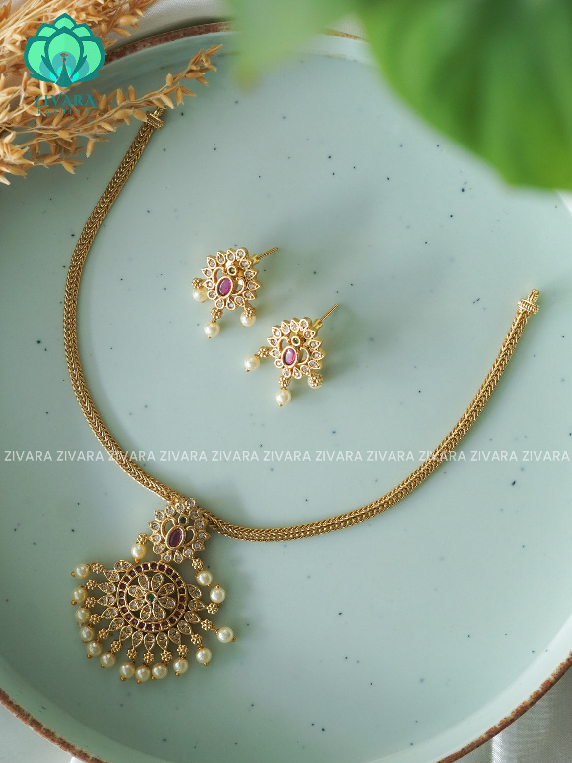 FLEXIBLE CHAIN ATTIGAI PENDANT  -PREMIUM SUBTLE GOLD FINISH  stylish and minimal elegant neckwear with earrings- Zivara Fashion