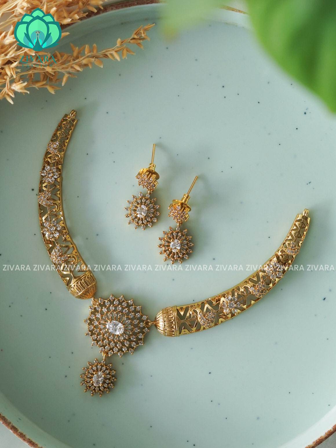 WHITE  FLORAL STONE ELEGANT HASLI  -PREMIUM SUBTLE GOLD FINISH  stylish and minimal elegant neckwear with earrings- Zivara Fashion