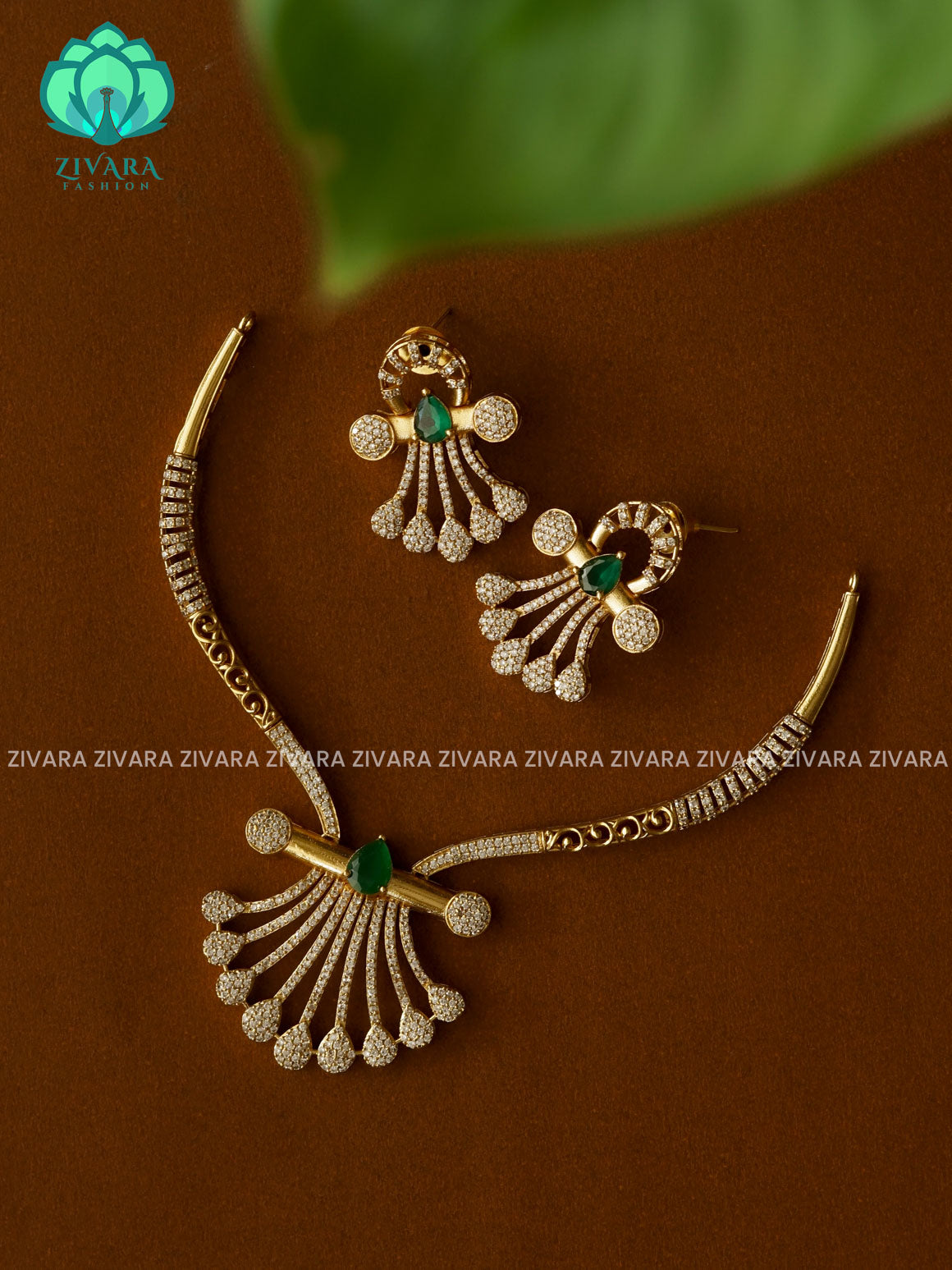 Green Feather pendant  -Traditional south indian premium hasli  neckwear with earrings- Zivara Fashion- latest jewellery design.