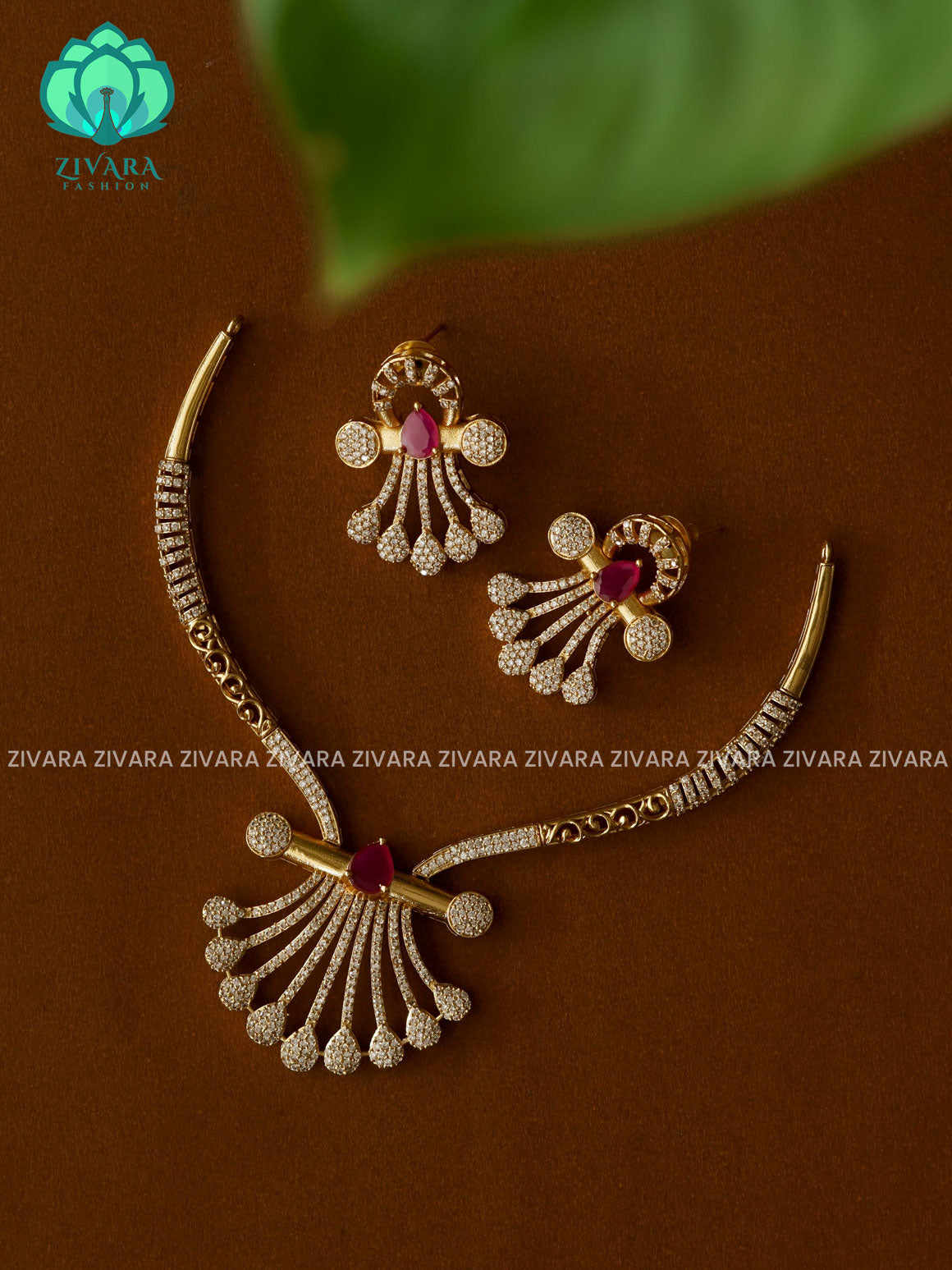 Ruby  Feather pendant  -Traditional south indian premium hasli  neckwear with earrings- Zivara Fashion- latest jewellery design.