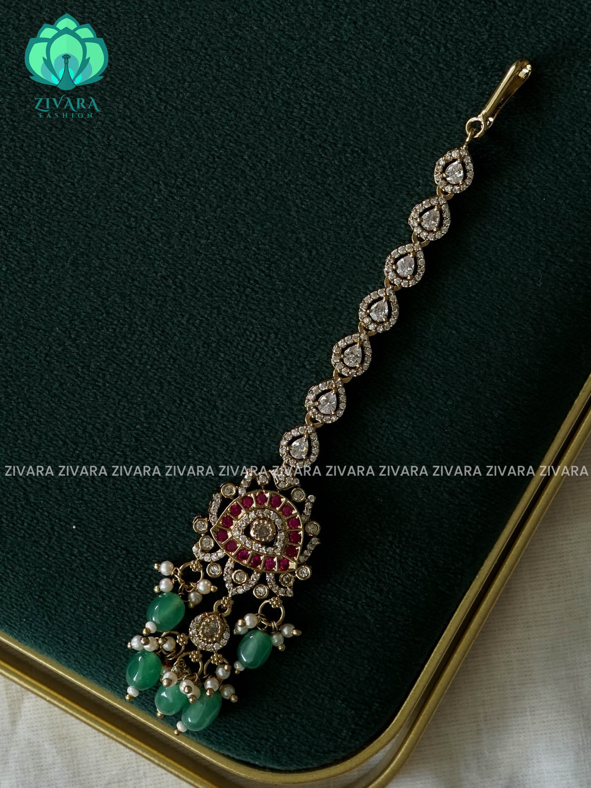BRIDAL CHUTTI WITH HANGINGS GREEN BEADS - bridal head accessory- latest bridal collection - Zivara fashion