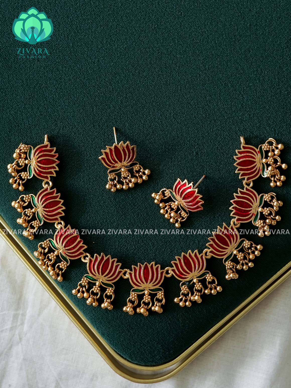 Red- MANJU WARRIER  inspired Trending NORMAL MATTE lotus enamel neckwear with earrings- Zivara Fashion- latest jewellery design