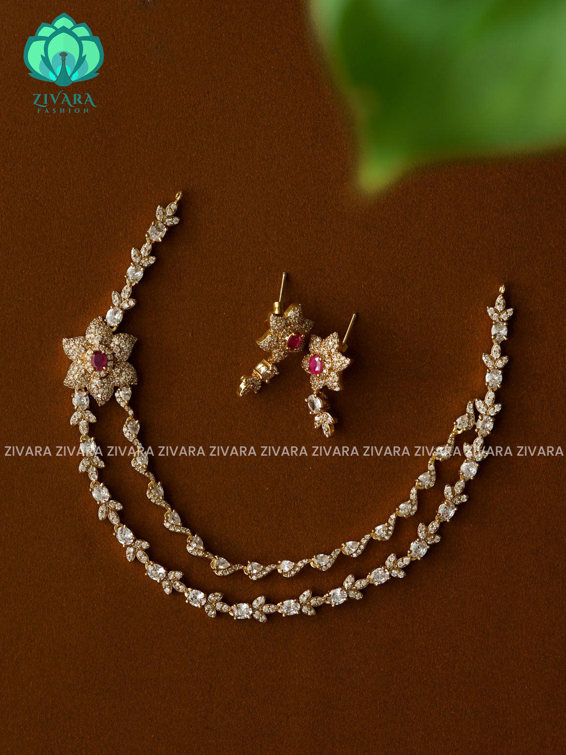 RUBY  STEP - WHITE STONE FLORAL - stylish and minimal elegant neckwear with earrings- Zivara Fashion