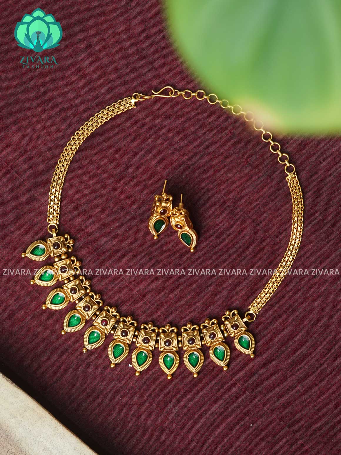 GREEN ENAMEL - Traditional south indian NORMAL MATTE PALLAKAD neckwear with earrings- Zivara Fashion- latest jewellery desigN