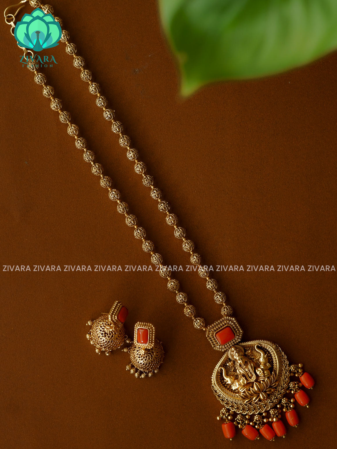 MOONGA TEMPLE PENDANT BALL CHAIN - Traditional PREMIUM MATTE polish MIDCHEST haaram/neckwear with earrings- Zivara Fashion