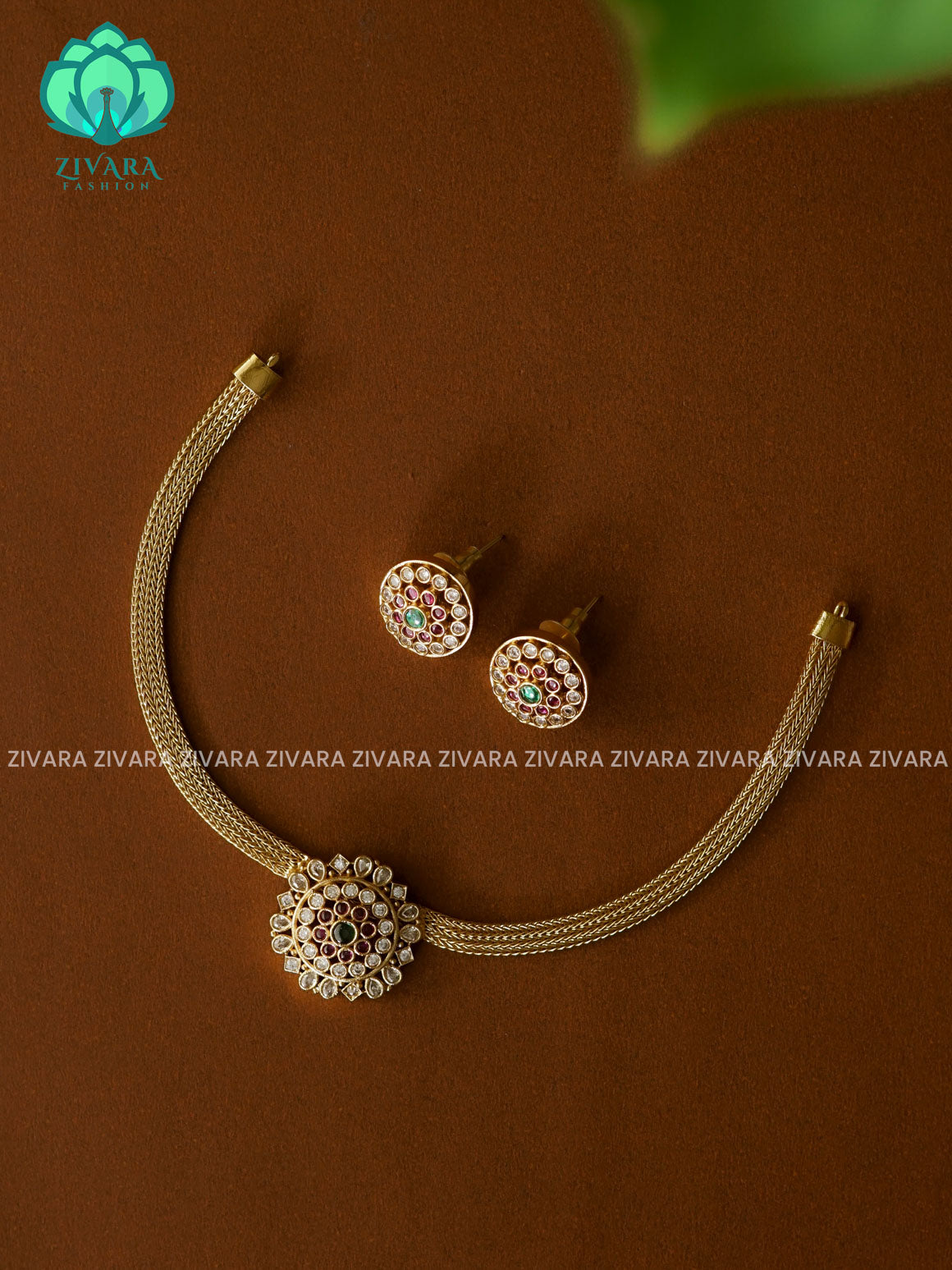 WHITE RUBY FLEXIBLE CHAIN WITH ROUND -Traditional south indian premium neckwear with earrings- Zivara Fashion- latest jewellery design