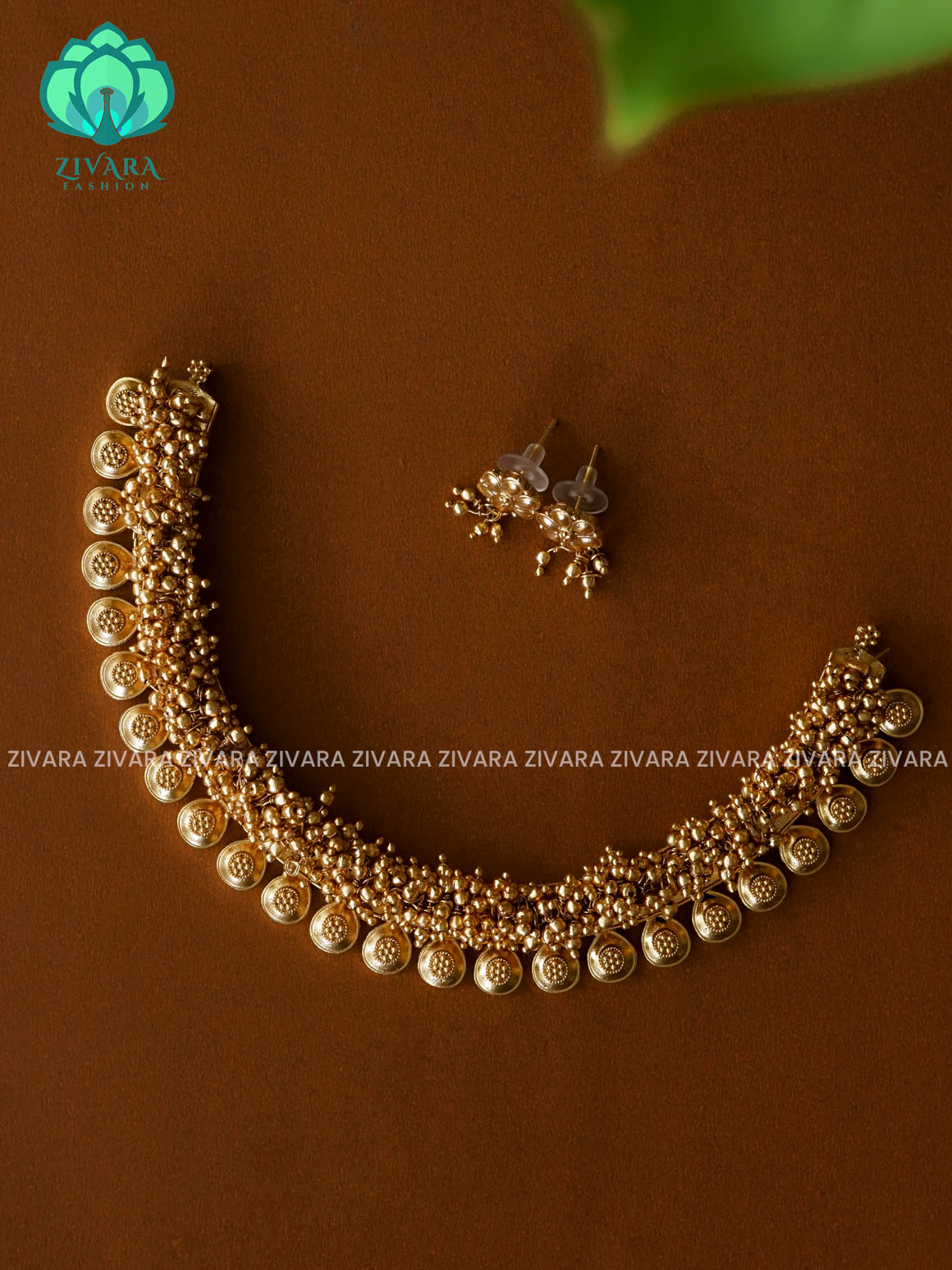 GOLD PEARL CLUSTER Traditional south indian premium neckwear with earrings- Zivara Fashion- latest jewellery design