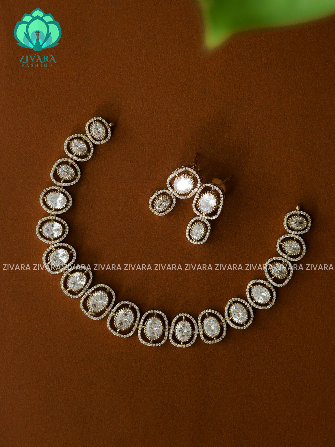 WHITE OVAL STONE -PREMIUM SUBTLE GOLD FINISH  stylish and minimal elegant neckwear with earrings- Zivara Fashion