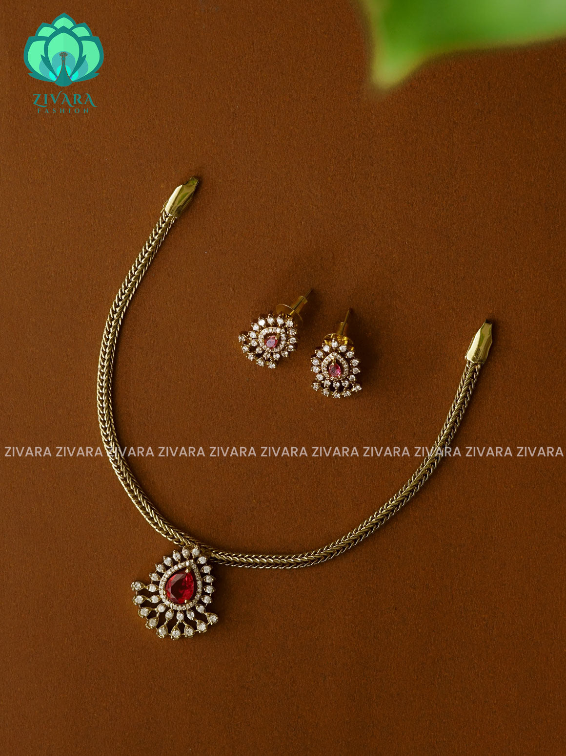 Ruby Tear pendant dark finish flexible chain - Traditional south indian premium neckwear with earrings- Zivara Fashion- latest jewellery design