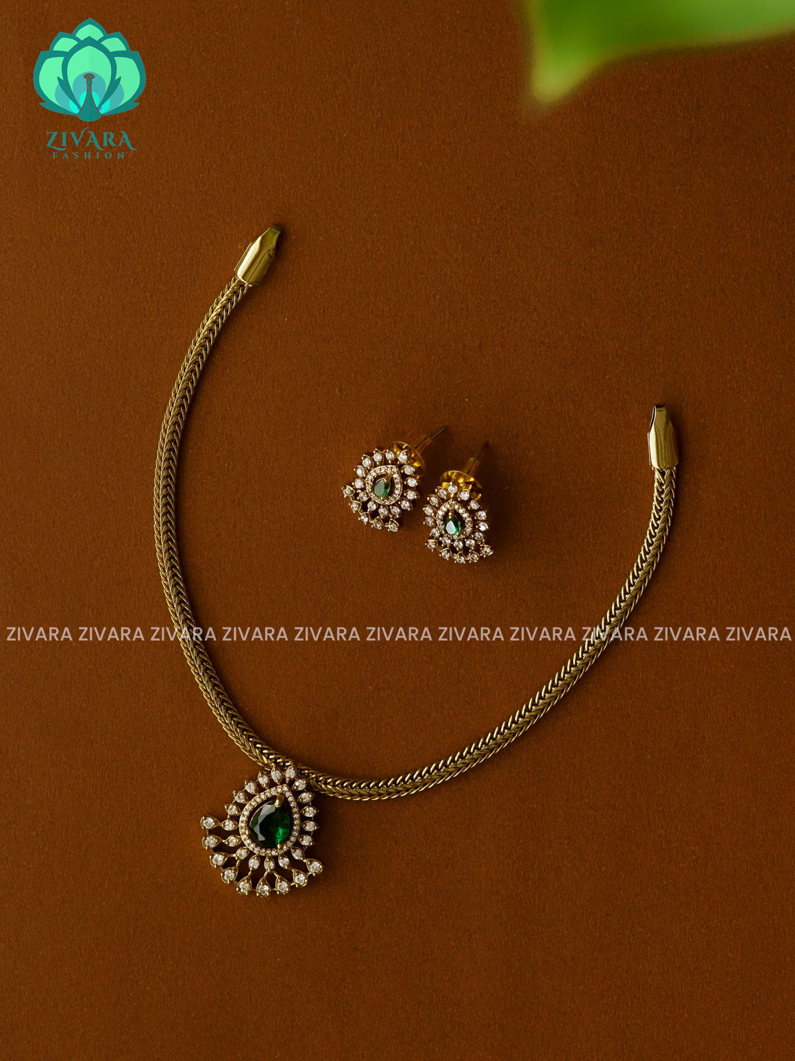 Green Tear pendant dark finish flexible chain - Traditional south indian premium neckwear with earrings- Zivara Fashion- latest jewellery design