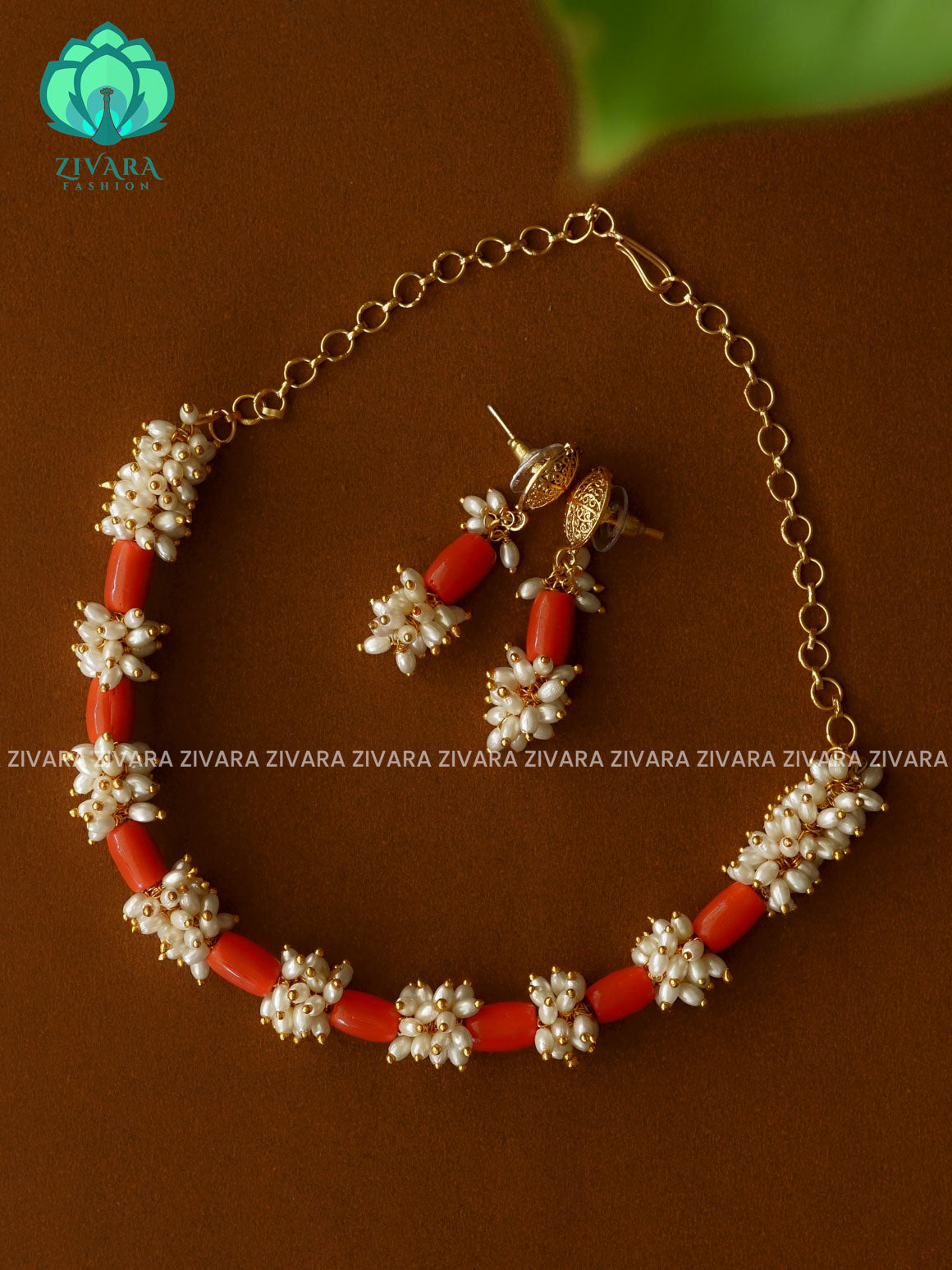 CORAL PEARL CLUSTER NORMAL MATTE POLISH  -Traditional south indian premium neckwear with earrings- Zivara Fashion- latest jewellery design.