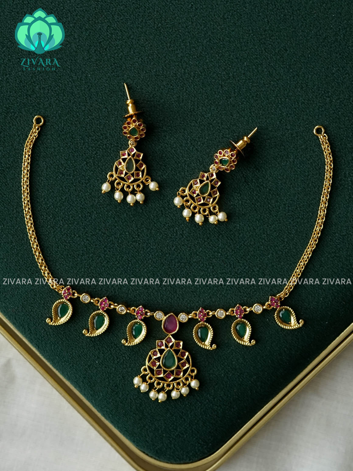 BHANU - GREEN PALAKKA Flexible chain- Traditional south indian PREMIUM  MATTE neckwear with earrings - Zivara Fashion