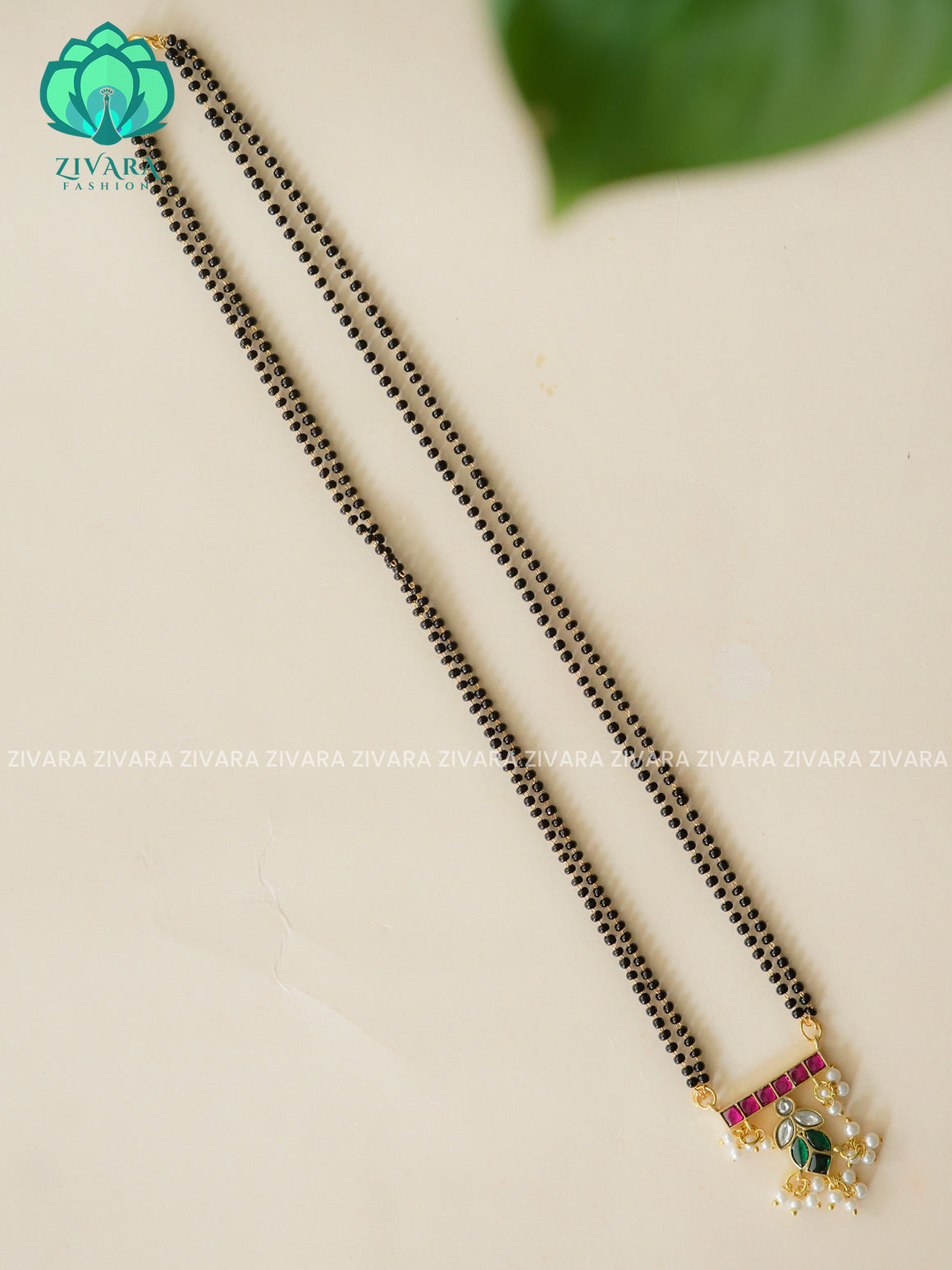 RUBY GREEN AND WHITE LEAF MANGALSUTRA  - TRADITIONAL NORMAL MATTE MIDCHEST haaram/neckwear - Zivara Fashion