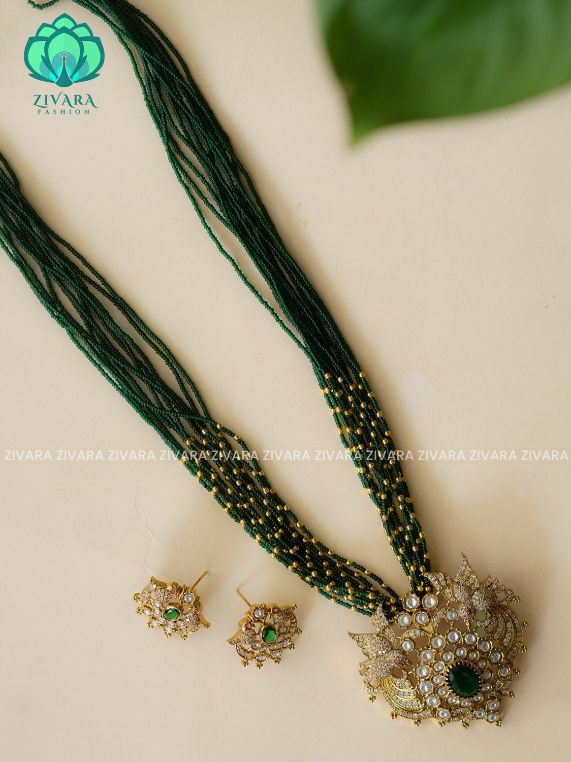 GREEN SEED BEADS  - TEMPLE PENDANT BALL CHAIN - Traditional PREMIUM MATTE polish MIDCHEST haaram/neckwear with earrings- Zivara Fashion