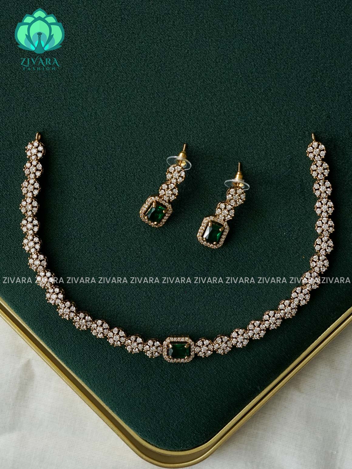 GREEN - SQUARE STONE ELEGANT  - PREMIUM MATTE FINISH  stylish and minimal elegant neckwear with earrings- Zivara Fashion
