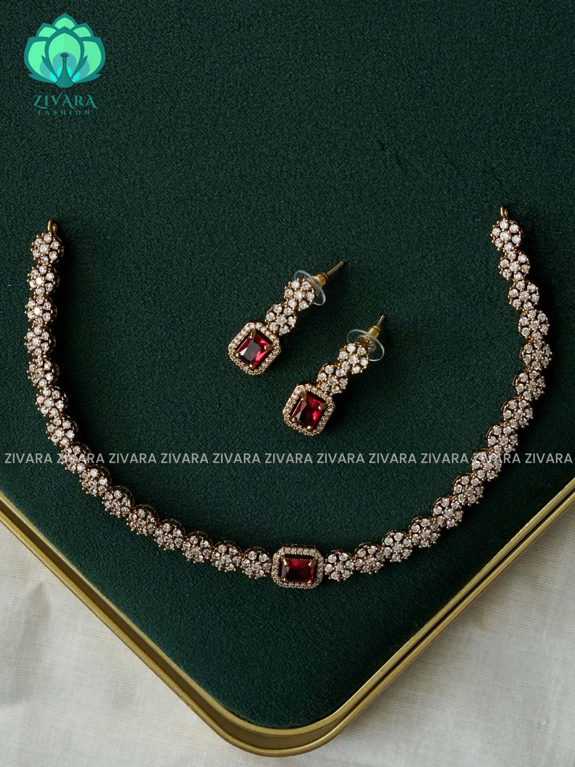 RUBY - SQUARE STONE ELEGANT  - PREMIUM MATTE FINISH  stylish and minimal elegant neckwear with earrings- Zivara Fashion