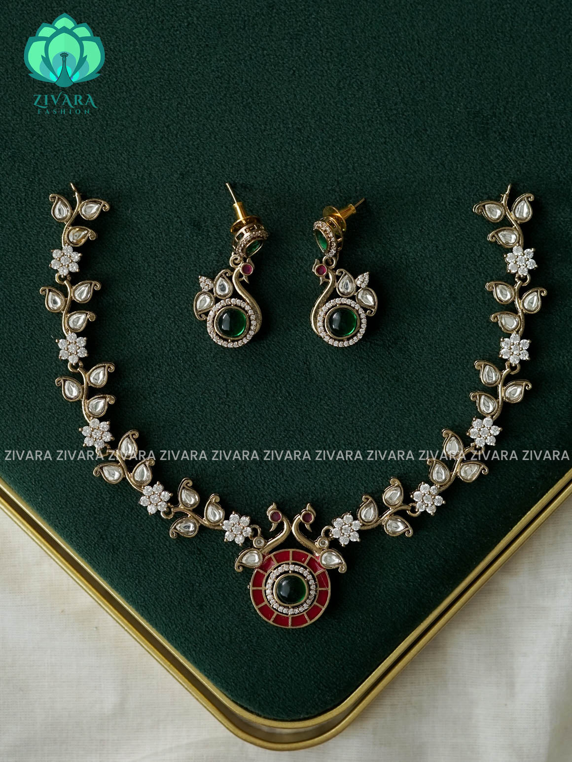 PEACOCK POLKI STONE - stylish and minimal elegant neckwear with earrings- Zivara Fashion