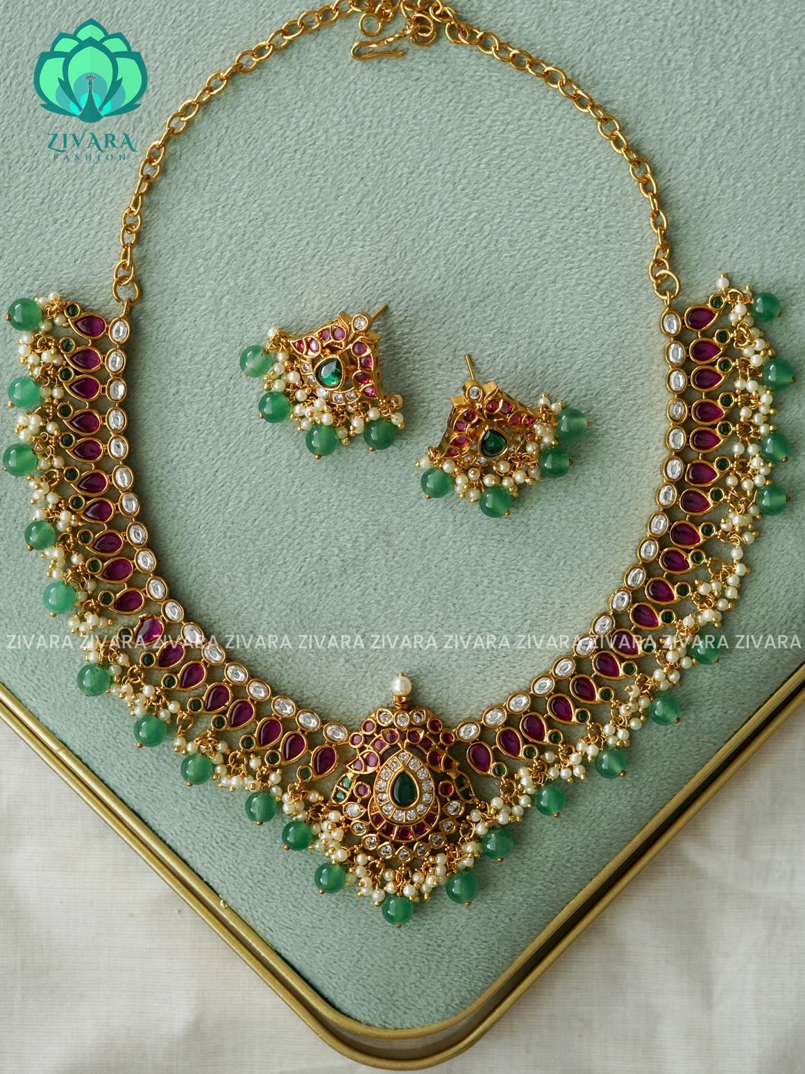 REAL KEMP PEACOCK  WITH GREEN BEADS NECKWEAR Traditional south indian premium neckwear with earrings- Zivara Fashion- latest jewellery design