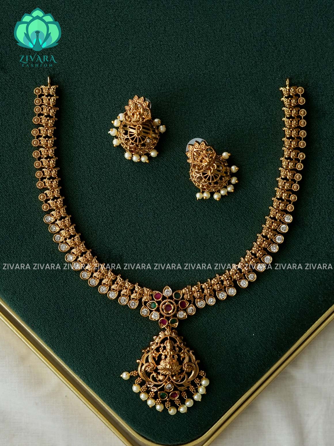 Ruby and Green Trending NORMAL MATTE POLISH temple neckwear with earrings- Zivara Fashion- latest jewellery design