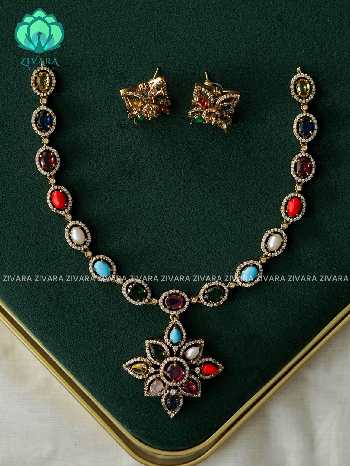 Navaratna -MULTICOLOUR  FLOWER -Traditional south indian premium neckwear with earrings- Zivara Fashion- latest jewellery design