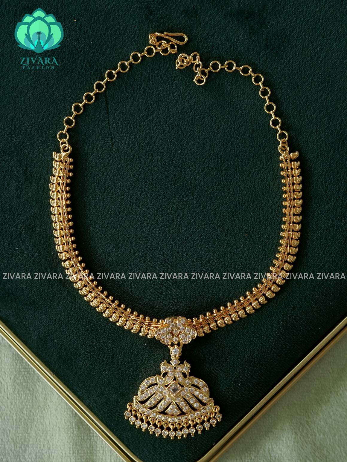 AMBIGAI  -  WHITE  STONE PEACOCK MICROGOLD POLISH FLEXIBLE CHAIN  ATTIGAI - Zivara Fashion- latest jewellery design