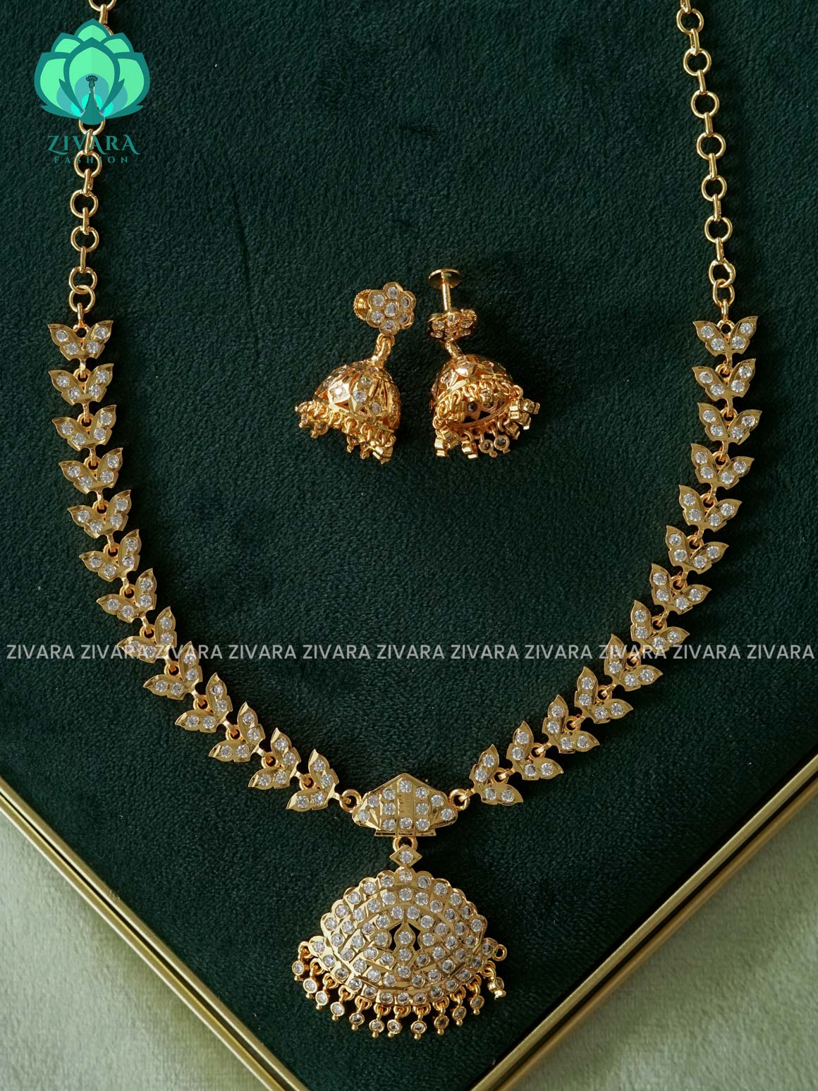 AMBIGAI - WHITE STONE LOTUS BUTTERFLY MOTIF MICROGOLD POLISH ATTIGAI WITH EARRING - Zivara Fashion- latest jewellery desigN