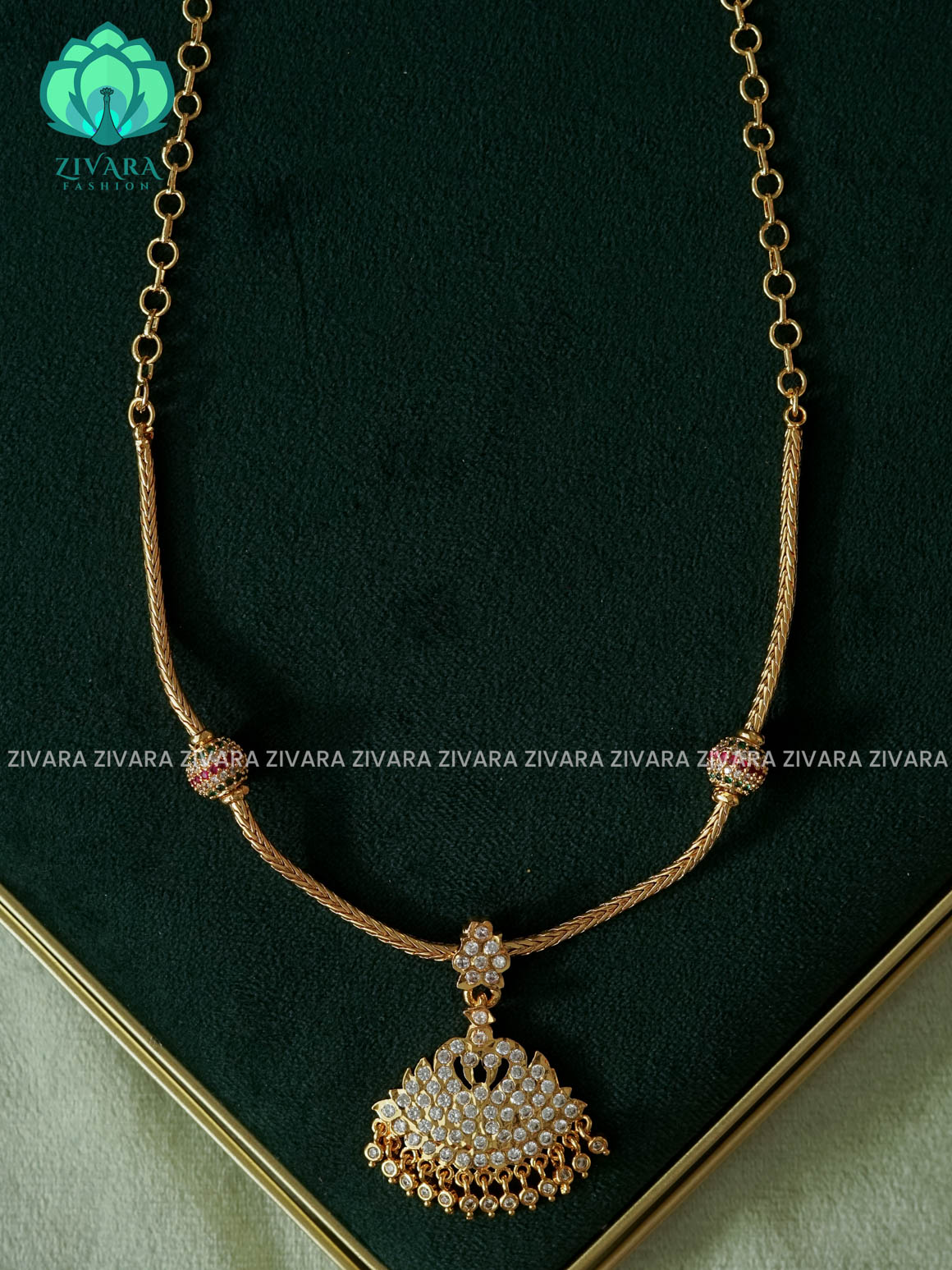 AMBIGAI  -  WHITE  STONE PEACOCK  MICROGOLD POLISH FLEXIBLE CHAIN  ATTIGAI - Zivara Fashion- latest jewellery design