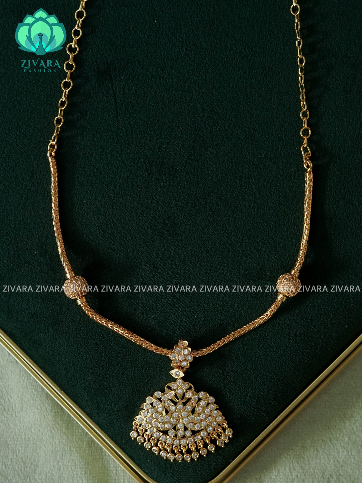 AMBIGAI  -  WHITE STONE peacock  MICROGOLD POLISH FLEXIBLE CHAIN  ATTIGAI - Zivara Fashion- latest jewellery design