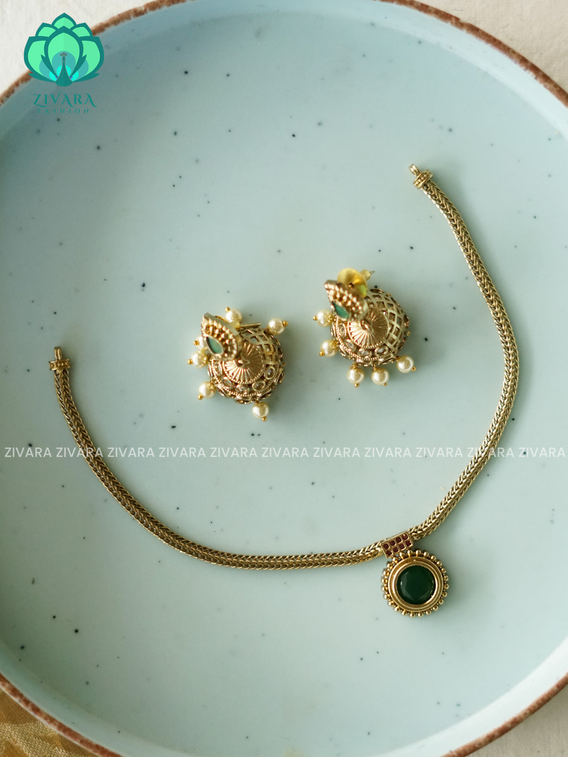 BHANU - GREEN PALAKKA Flexible chain- Traditional south indian PREMIUM  MATTE neckwear with earrings - Zivara Fashion