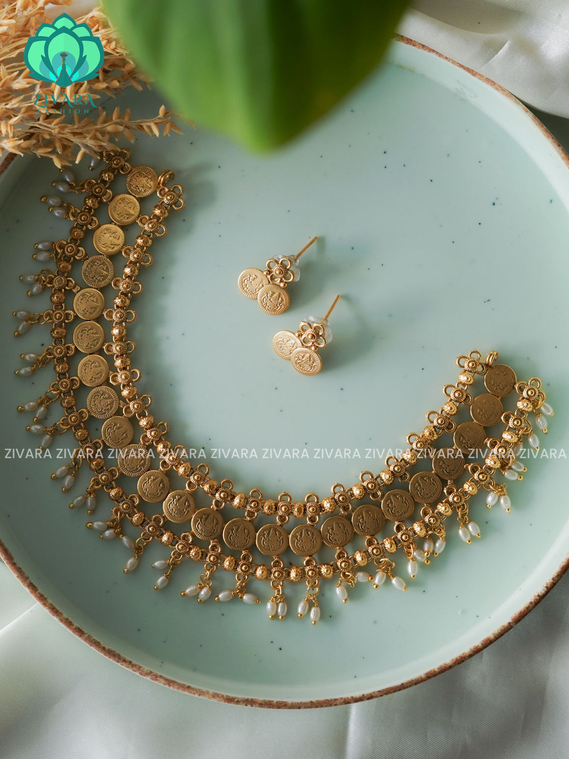 COIN - Traditional south indian NORMAL MATTE neckwear with earrings- Zivara Fashion- latest jewellery desigN