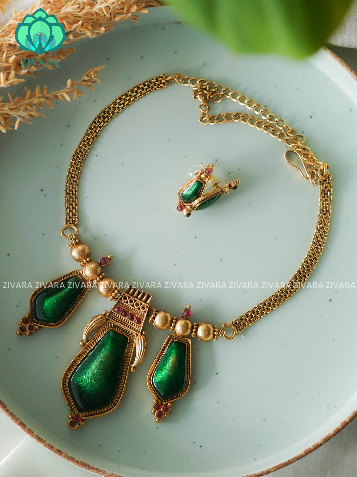 ANANYA SERIES -GREEN ENAMEL PALAKKA - Traditional south indian NORMAL MATTE neckwear with earrings- Zivara Fashion- latest jewellery design