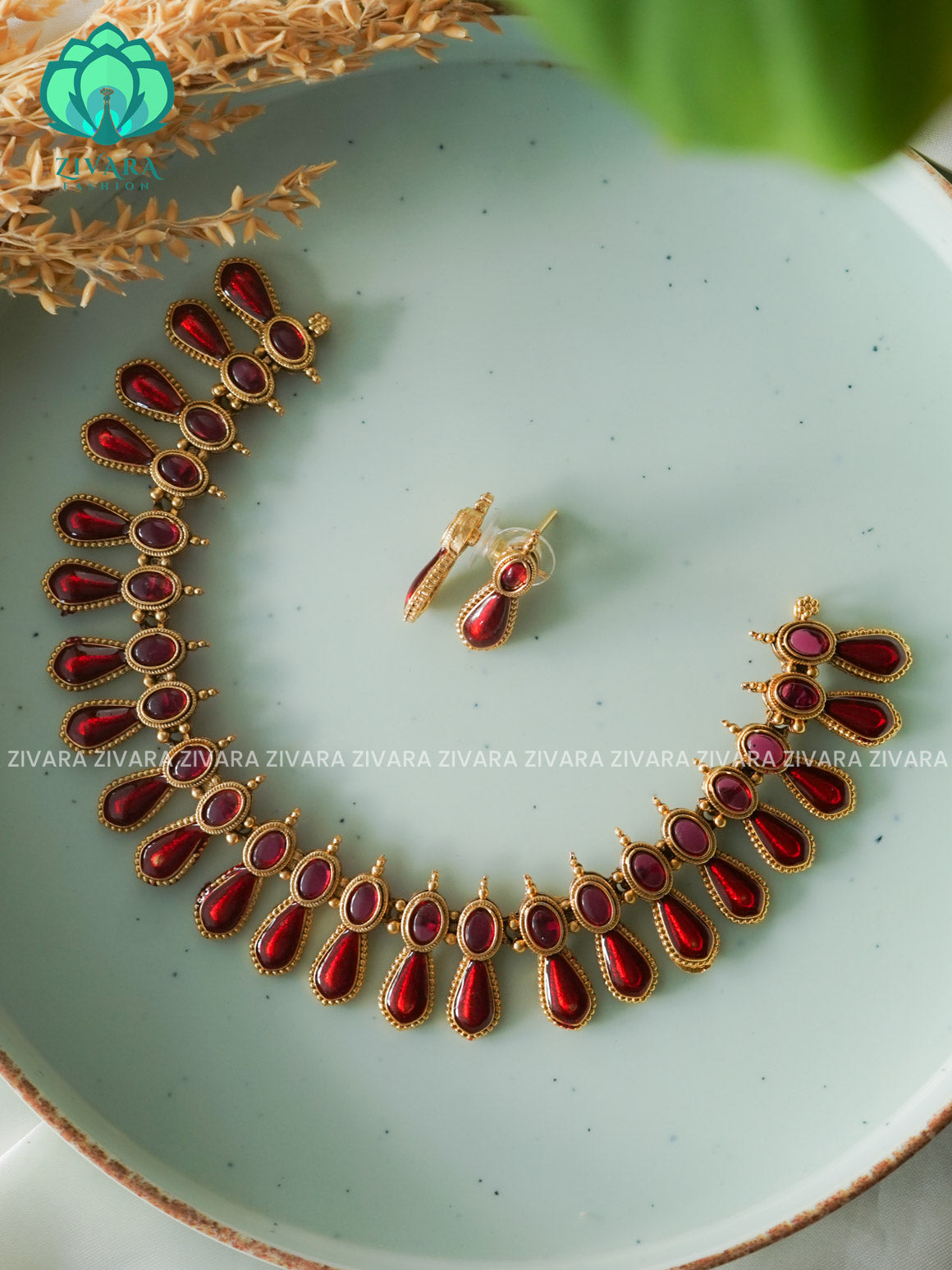 ANANYA SERIES - RUBY ENAMEL PALAKKA - Traditional south indian NORMAL MATTE neckwear with earrings- Zivara Fashion- latest jewellery desigN