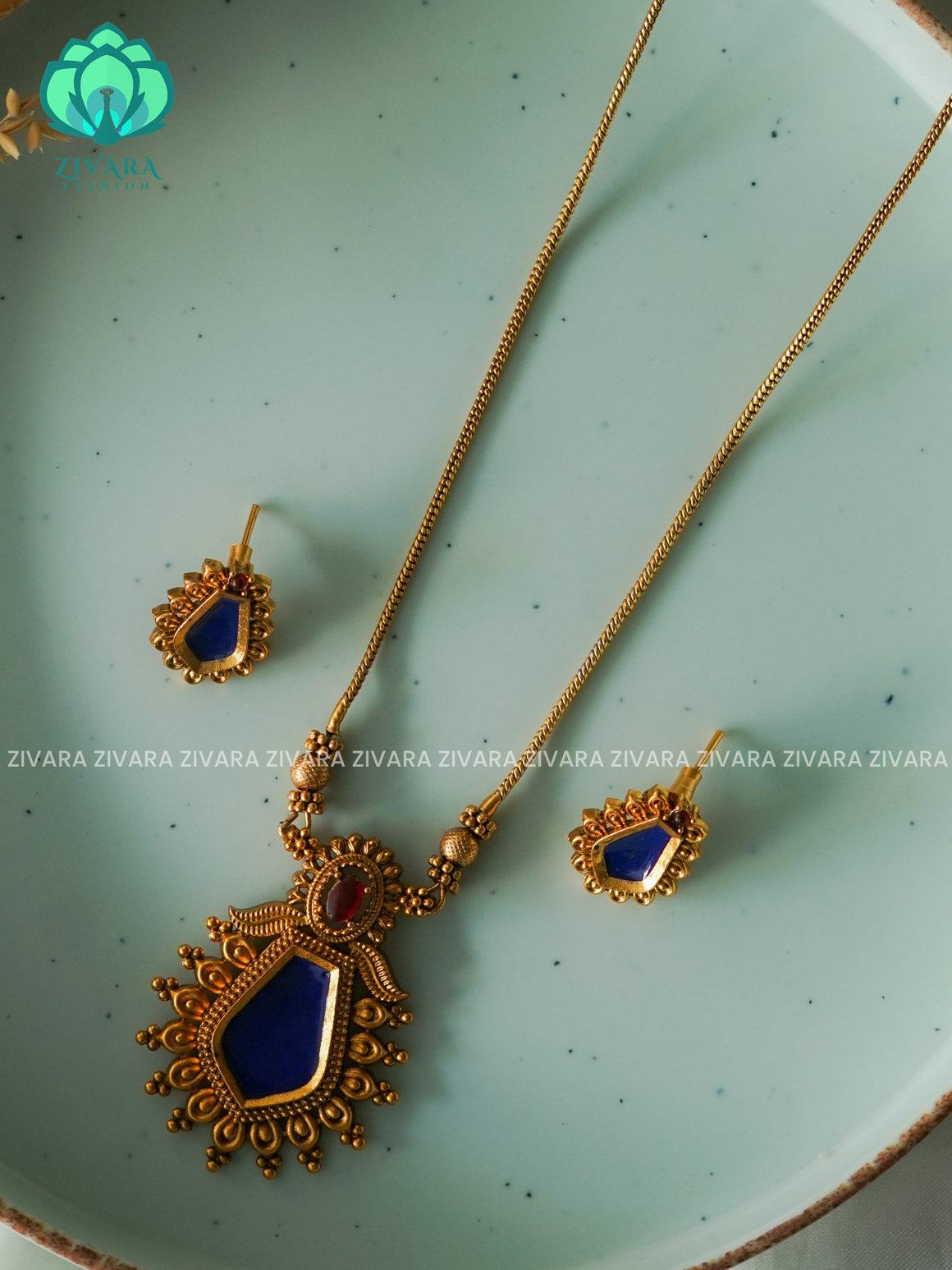 ANANYA SERIES - BLUE ENAMEL PALAKKA - Traditional south indian NORMAL MATTE neckwear with earrings- Zivara Fashion- latest jewellery desigN