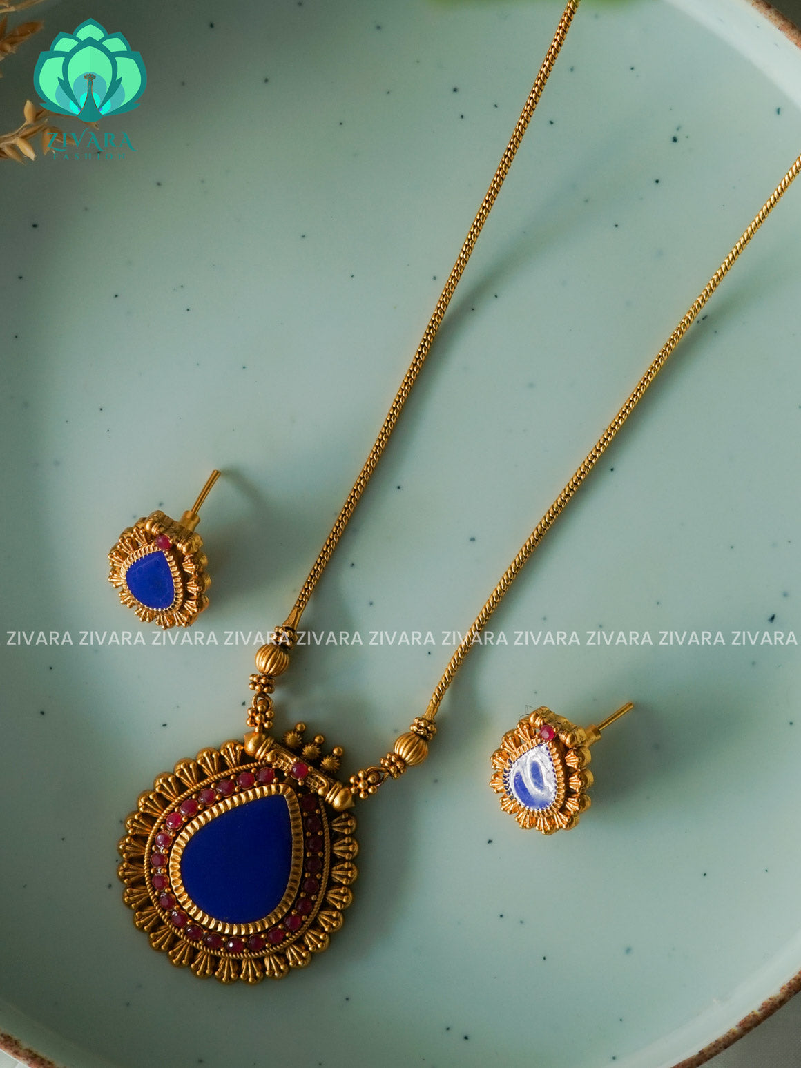 ANANYA SERIES - BLUE ENAMEL PALAKKA - Traditional south indian NORMAL MATTE neckwear with earrings- Zivara Fashion- latest jewellery desigN (Copy)