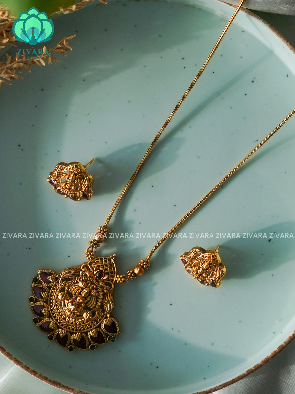 ANANYA SERIES - RUBY ENAMEL PALAKKA - Traditional south indian NORMAL MATTE neckwear with earrings- Zivara Fashion- latest jewellery desigN