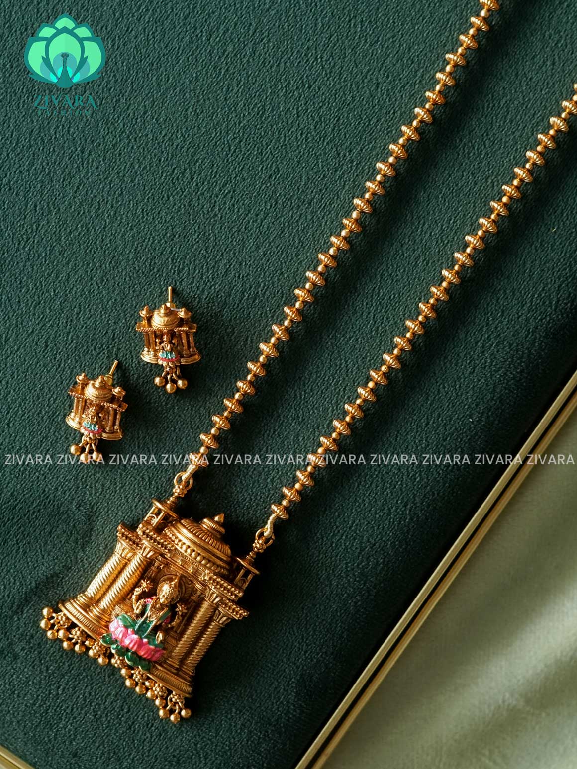 VISHALI HANDPAINTED TEMPLE PENDANT BALL CHAIN - Traditional NORMAL MATTE polish MIDCHEST haaram/neckwear with earrings- Zivara Fashion
