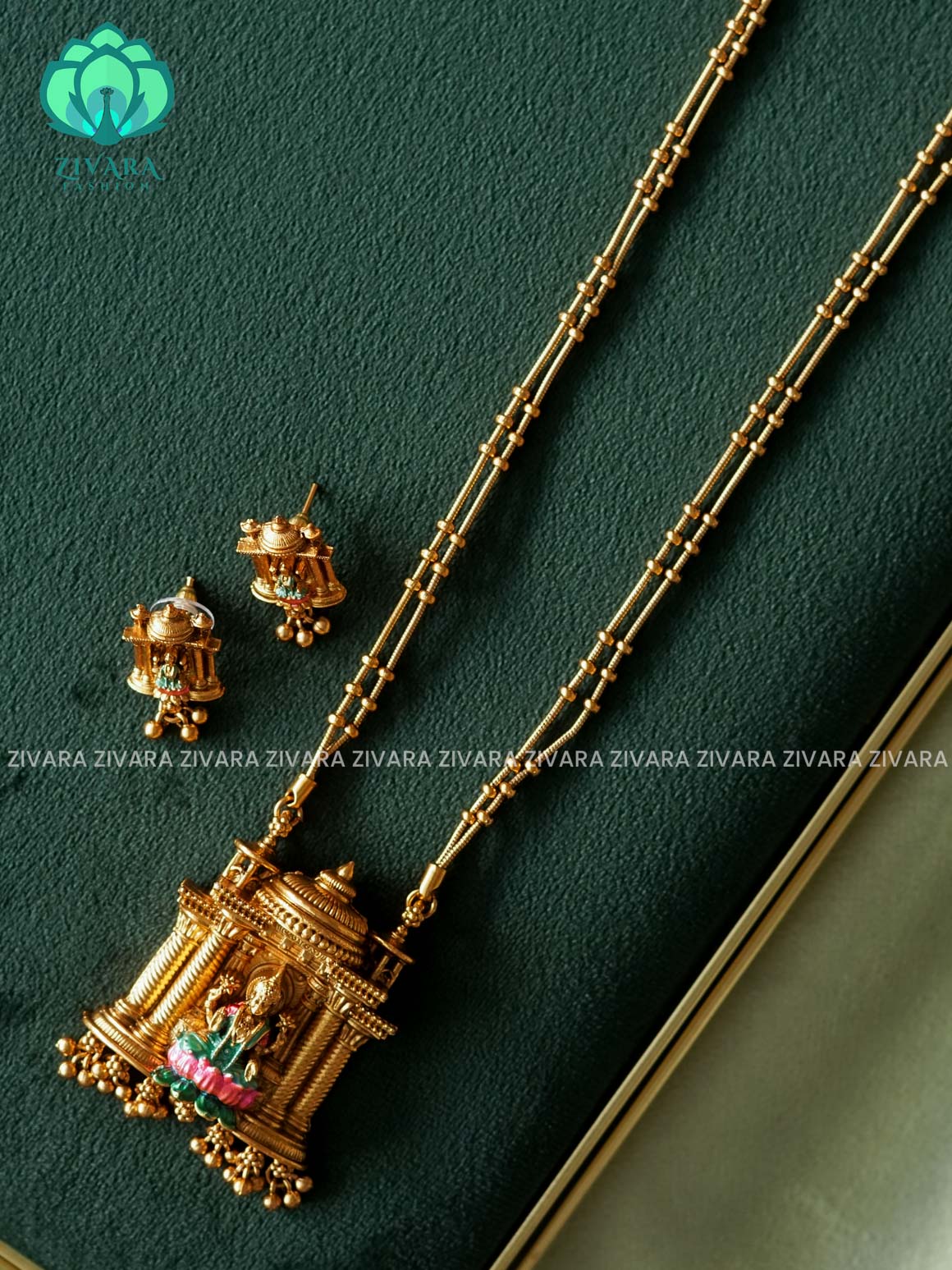 VISHALI HANDPAINTED TEMPLE PENDANT BALL CHAIN - Traditional NORMAL MATTE polish MIDCHEST haaram/neckwear with earrings- Zivara Fashion