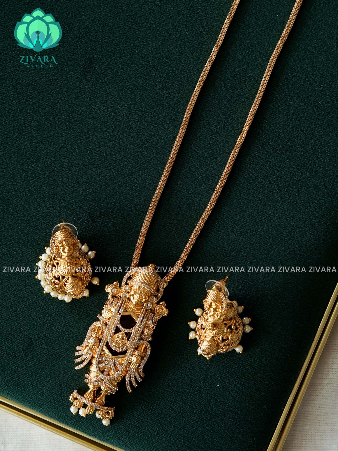 VISHALI TIRUMAL PENDANT WITH CHAIN - Traditional PREMIUM GOLD polish MIDCHEST haaram/neckwear with earrings- Zivara Fashion