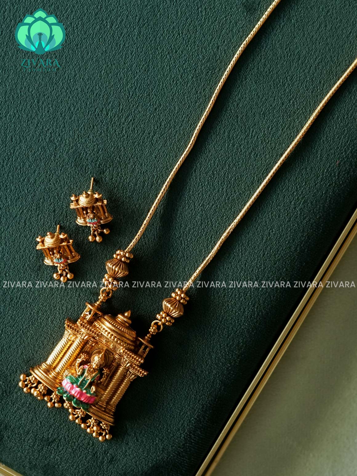 VISHALI HANDPAINTED TEMPLE PENDANT BALL CHAIN - Traditional NORMAL MATTE polish MIDCHEST haaram/neckwear with earrings- Zivara Fashion