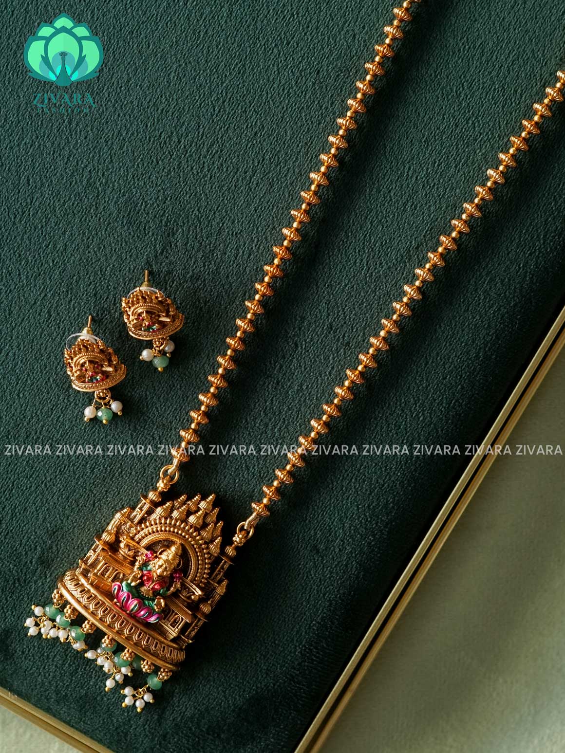 VISHALI HANDPAINTED TEMPLE PENDANT BALL CHAIN - Traditional NORMAL MATTE polish MIDCHEST haaram/neckwear with earrings- Zivara Fashion