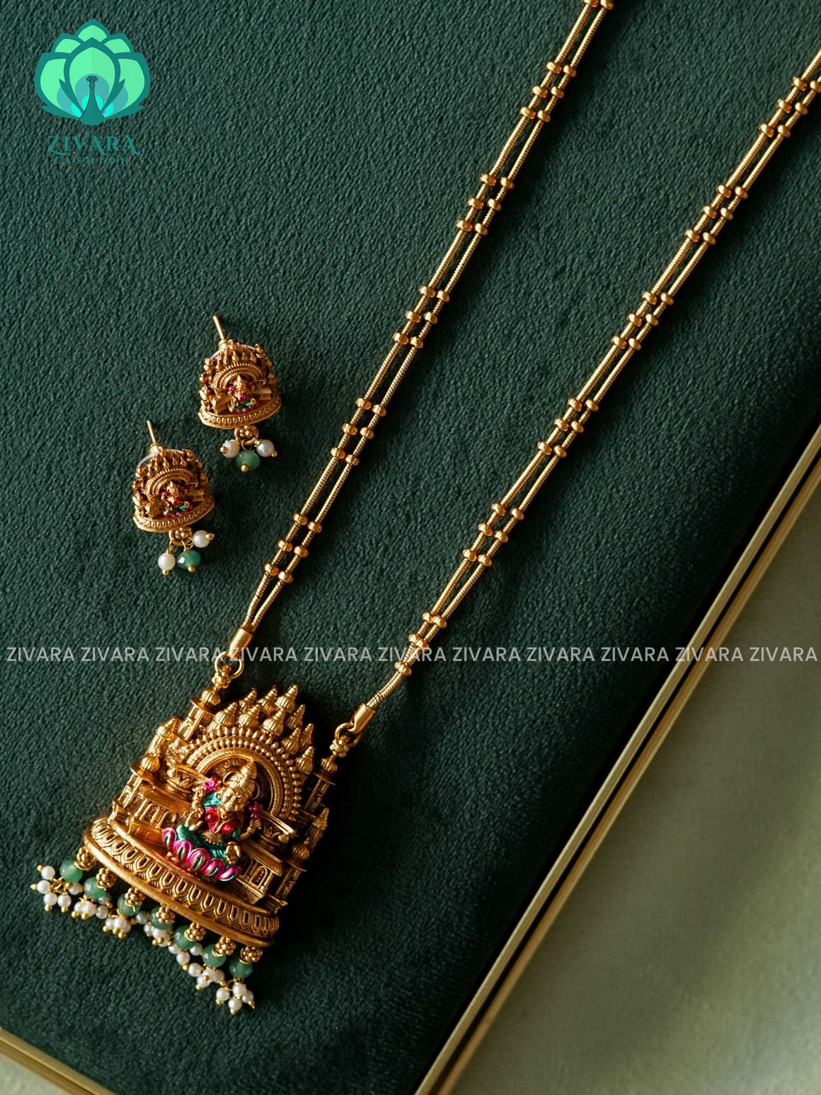 VISHALI HANDPAINTED TEMPLE PENDANT BALL CHAIN - Traditional NORMAL MATTE polish MIDCHEST haaram/neckwear with earrings- Zivara Fashion