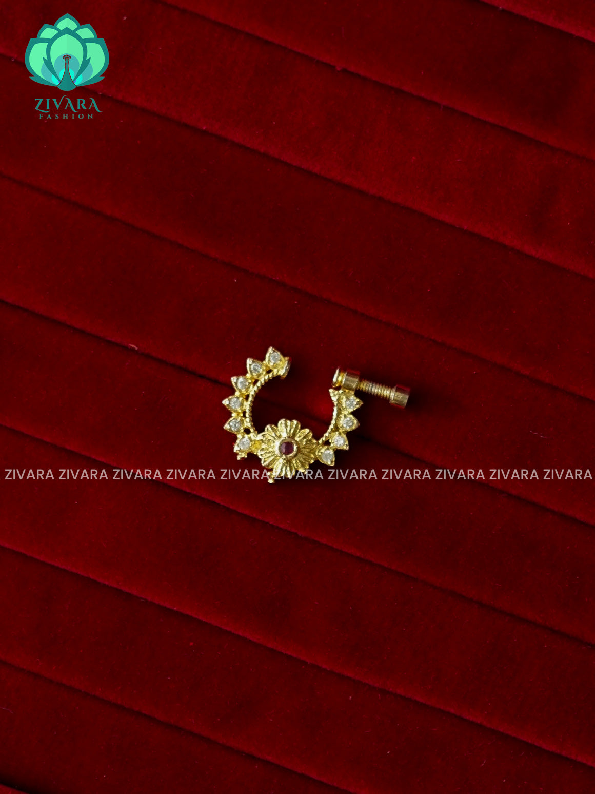 TRADITIONAL RUBY STONE FLORAL RING TYPE NON PIERCING NOSEPIN- ZIVARA FASHION